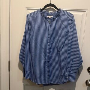 Free Assembly Blue Striped Ladies Ruffled Collar Shirt